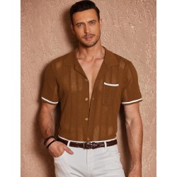 Men's Short Sleeve Knit Shirts Vintage Button Down Polo Shirt Casual Beach Tops