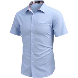 Men's Short Sleeve Oxford Dress Shirt Chambray Button Down Work Shirt Casual Plaid Collar Shirts